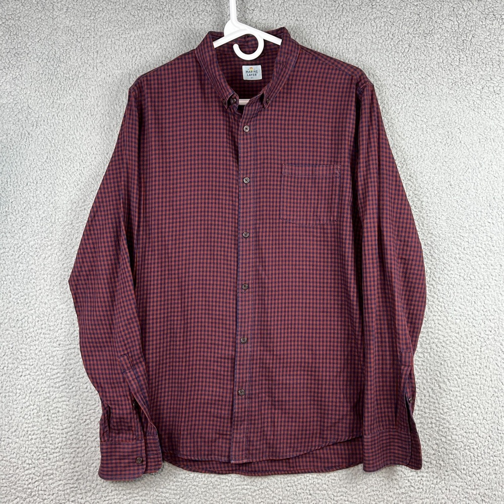 Marine Layer Shirt Mens Medium Large Red Blue Plaid Gingham Check Button Down
